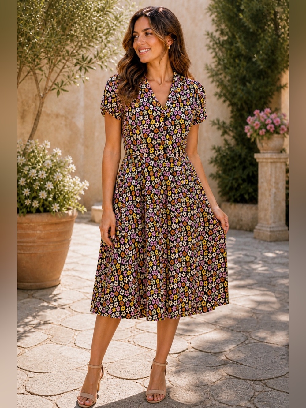 NWT Tulip B Short Sleeve Floral Midi Dress in Black Pink Yellow Multi Flowers